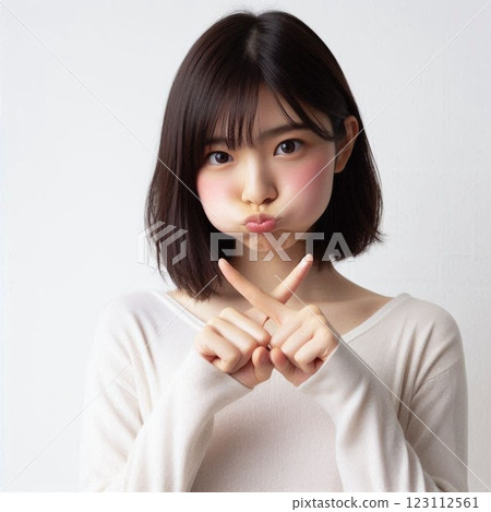 A woman puffing out her cheeks and making a cross with her fingers 123112561