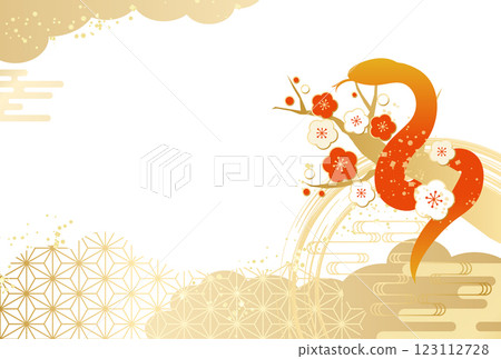 2025 Year of the Snake New Year's card, Japanese pattern and plum blossoms, horizontal 2025 Year of the Snake New Year's card, Japanese pattern and plum blossoms, horizontal 123112728