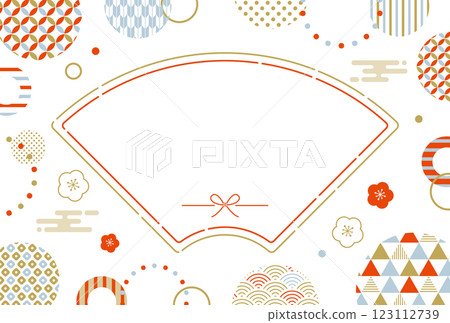 New Year's card, cute, Japanese pattern, fan frame New Year's card, cute, Japanese pattern, fan frame 123112739