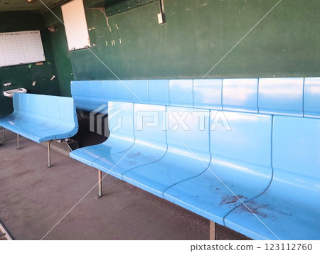 A close-up of the players' bench at Hanshin Naruohama Stadium 123112760