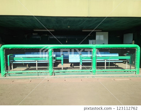 The players' bench as seen from the grounds of Hanshin Naruohama Baseball Stadium The players' bench as seen from the grounds of Hanshin Naruohama Baseball Stadium 123112762