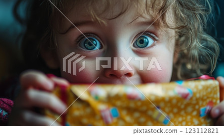 A joyful child with bright blue eyes excitedly holds a colorful gift. The moment captures pure happiness and wonder. This image evokes emotions of celebration and joy. Generative AI 123112821