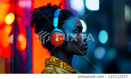 A woman listens to music with stylish headphones in an urban setting. Neon lights create a vibrant backdrop. The moment captures the joy of sound and style. Generative AI 123112837