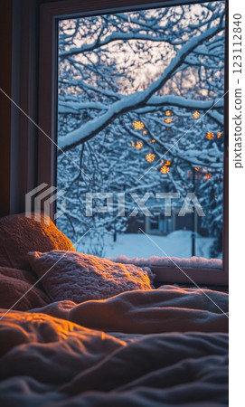 A cozy winter scene captured from a warm bed. Snow covers the trees outside, while soft blankets invite relaxation. Enjoy the serene beauty of nature. Generative AI 123112840