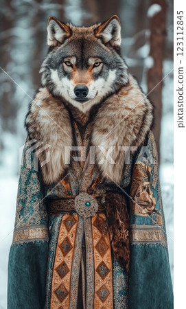 A majestic wolf dressed in regal attire stands tall in a snowy forest. The contrast of fur and fabric creates a unique visual. Nature meets royalty in this stunning image. Generative AI 123112845