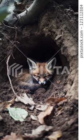 A cozy red fox nestled in its burrow. The fox sleeps peacefully among the earthy surroundings. This scene captures the beauty of wildlife in its natural habitat. Generative AI 123112884