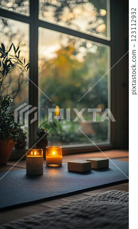 A serene and cozy indoor setting featuring lit candles and a nearby plant. Perfect for relaxation or meditation. Enjoy the calming ambiance. Generative AI 123112932