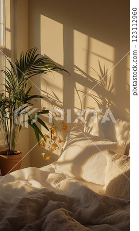 A serene bedroom scene bathed in warm light. A gentle plant adds freshness. Soft bedding offers comfort and style. Nature meets tranquility in this space. Generative AI. 123112960