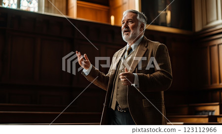 A distinguished speaker conveys wisdom in a grand hall. This image captures the essence of knowledge sharing in an elegant environment. Generative AI 123112966