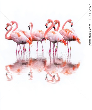 A stunning display of pink flamingos gathered by the water. Their reflection creates a serene aesthetic in nature. This image is captivating and vibrant. Generative AI A stunning display of pink flamingos gathered by the water. Their reflection creates a serene aesthetic in nature. This image is captivating and vibrant. Generative AI 123112974