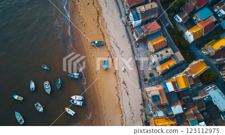 Aerial view of a picturesque beach with colorful boats anchored along the shore. Vibrant houses provide a unique backdrop. Experience the beauty of coastal life. Generative AI Aerial view of a picturesque beach with colorful boats anchored along the shore. Vibrant houses provide a unique backdrop. Experience the beauty of coastal life. Generative AI 123112975