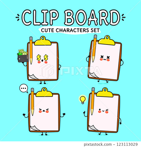Cute characters set with Clipboards showcasing different emotions and actions on a light blue background Cute characters set with Clipboards showcasing different emotions and actions on a light blue background 123113029