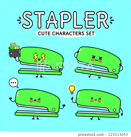 Funny cute happy Stapler characters bundle set. Vector hand drawn doodle style cartoon character illustration. Isolated on blue background. Stapler mascot character collection 123113053