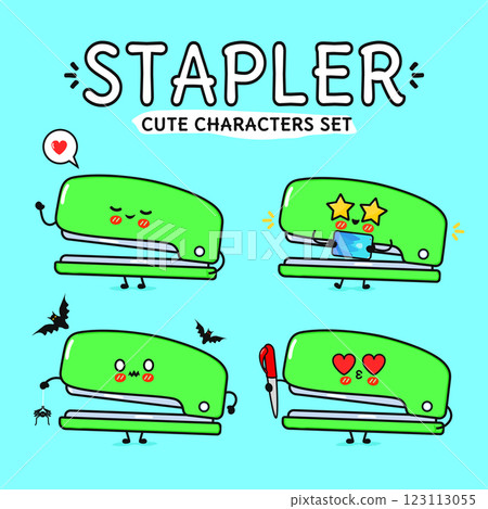 Funny cute happy Stapler characters bundle set. Vector hand drawn doodle style cartoon character illustration. Isolated on blue background. Stapler mascot character collection 123113055