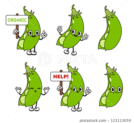 Funny cute Peas characters bundle set. Vector hand drawn doodle style traditional cartoon vintage, retro character illustration design. Isolated white background. Happy Peas Funny cute Peas characters bundle set. Vector hand drawn doodle style traditional cartoon vintage, retro character illustration design. Isolated white background. Happy Peas 123113059