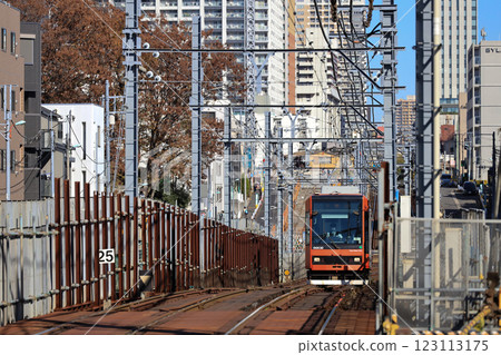 a City Tram on Railway Tracks in Urban, Tokyo Dec 6 2024 123113175