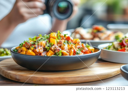 A food blogger captures vibrant spicy mango pickle on a wooden board 123113213