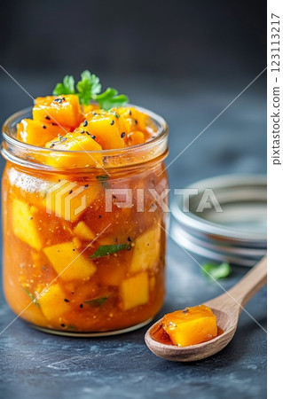 Bright mango pickle showcased in a jar next to a wooden spoon, reflecting traditional Indian flavors 123113217