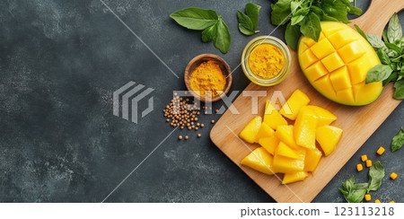 Sliced mango with mango pickle and spices offers vibrant flavors and fresh ingredients Sliced mango with mango pickle and spices offers vibrant flavors and fresh ingredients 123113218