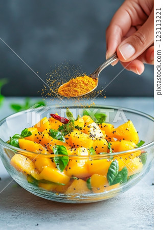Fresh mango chunks are being enhanced with turmeric and chili for a flavorful homemade pickle blend 123113221