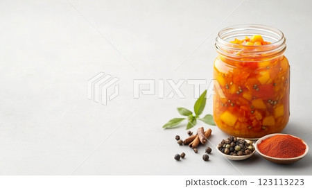 Close-up of mango pickle jar alongside spices in clean, modern styling highlighting vibrant flavors 123113223