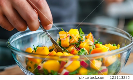 Hand mixes fresh mango pieces with spices, creating a tangy and flavorful homemade Indian pickle 123113225
