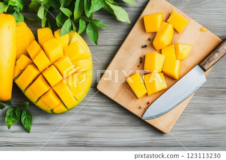 Fresh mango pieces are meticulously sliced on a board, ready for spicy pickling, showcasing vibrant colors 123113230