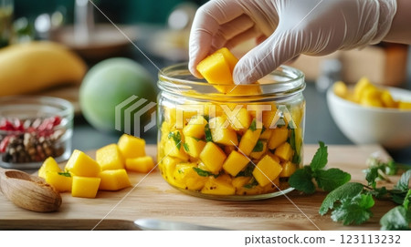Gloved hands place fresh mango pieces into a jar alongside spices and vinegar for homemade pickle 123113232