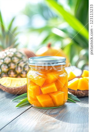 Close-up of mango pickle in a jar, showcasing homemade Indian cuisine and exotic flavors 123113233