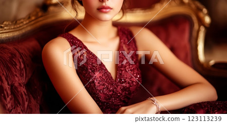 Sitting gracefully on a vintage sofa, the girl showcases her dark cherry attire and vibrant accessories 123113239