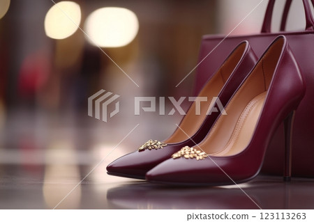 Close-up of dark cherry high-heeled shoes and handbag showcasing retro glamour and chic nostalgia 123113263