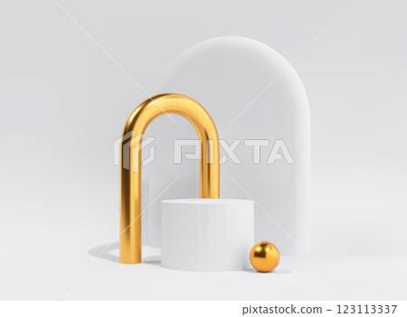 3D abstract studio room with pedestal podium. White scene and platform with golden arch and decorative elements. 3D abstract studio room with pedestal podium. White scene and platform with golden arch and decorative elements. 123113337