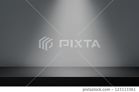 Grey wall with black metal table surface. Product presentation template. 123113361