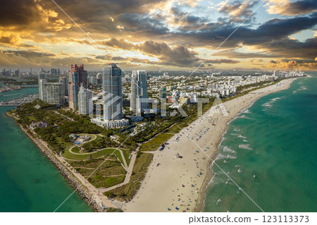 Panoramic view of Miami Beach urban landscape. South Beach high luxurious hotels and apartment buildings. Travel destination in the USA Panoramic view of Miami Beach urban landscape. South Beach high luxurious hotels and apartment buildings. Travel destination in the USA 123113373