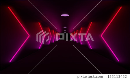 Red Pink Neon Futuristic Black Tunnel. Abstract light tech background. 123113432