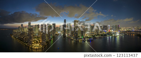 Night urban landscape of downtown district of Miami Brickell in Florida, USA. Skyline with brightly illuminated high skyscraper buildings in modern american megapolis 123113437