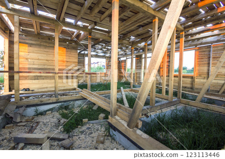 New wooden house under construction. Close-up of walls and ceiling frame with windows openings from inside. Ecological dream home of natural materials. Building, construction and renovation concept. New wooden house under construction. Close-up of walls and ceiling frame with windows openings from inside. Ecological dream home of natural materials. Building, construction and renovation concept. 123113446