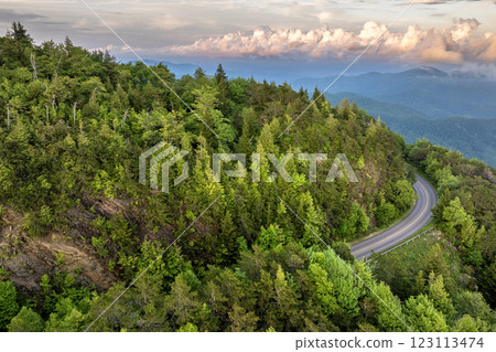 Mountain pass road in North Carolina Appalachian mountains, USA. Blue Ridge Parkway in summer rain season 123113474