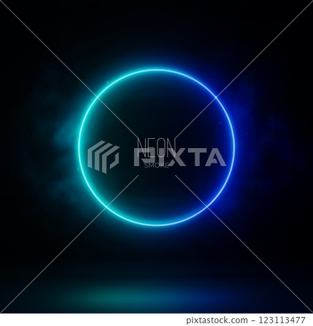 Neon Blue gradient circle with smoke on dark background. 3D render abstract light vector illustration. 123113477