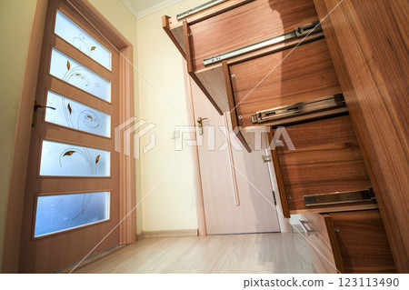 Modern architecture interior with luxury hallway with glossy wooden stairs in modern storey house. Custom built pullout cabinets on glides in slots under stairs 123113490