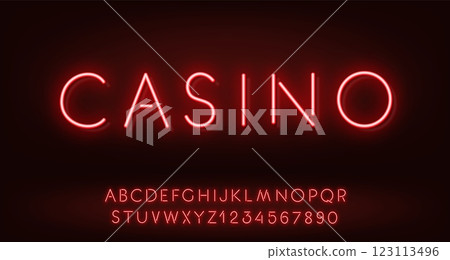Red Neon Reflection Casino font on dark background. Light glow letter and numbers for glowing text sign. 123113496