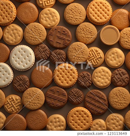 A Variety of Delicious Cookies in Different Sizes and Colors on a Solid Background Display 123113649