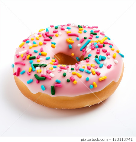 Close-up of a delicious pink donut with rainbow sprinkles on a white background. Close-up of a delicious pink donut with rainbow sprinkles on a white background. 123113741