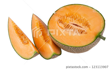 Orange melon or cantaloupe melon with seeds isolated on white background Orange melon or cantaloupe melon with seeds isolated on white background 123113907