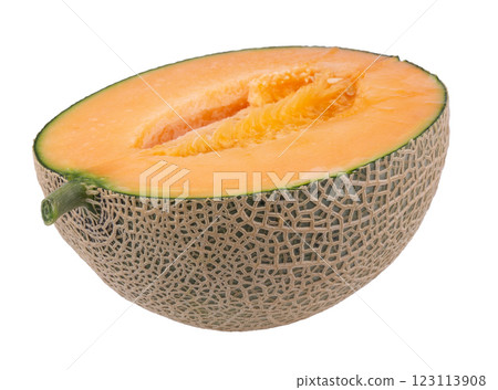 Orange melon or cantaloupe melon with seeds isolated on white background 123113908