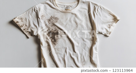 A stained white t-shirt showcasing dirt and grime 123113964