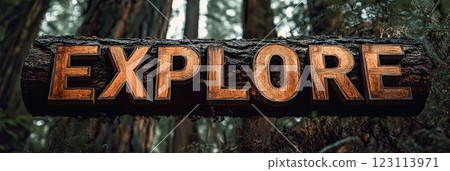 "EXPLORE" word made from outdoor wilderness treetop lettering "EXPLORE" word made from outdoor wilderness treetop lettering 123113971
