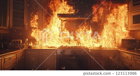 Fire in the kitchen, residential fire, with copy space 123113986