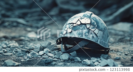 Cracked work helmet on the floor covered with pebble stones. work accident 123113998