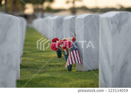 Military burial headstones. Sarasota National Cemetery with rows of white tomb stones with flowers and USA flags on green grass. Memorial Day concept 123114059